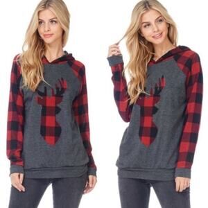 NEW 7th RAY Reindeer Buffalo Plaid Hooded Sweater Holidays Christmas SIZES S, M